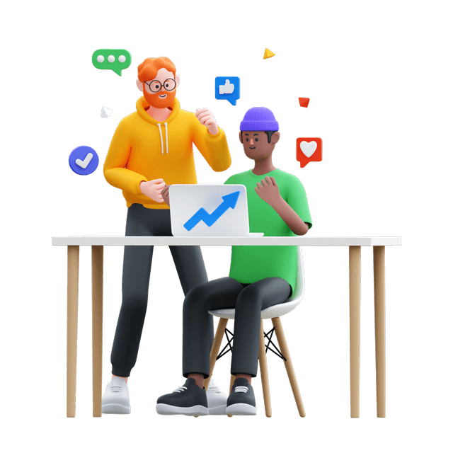 Two people working with social media graphics